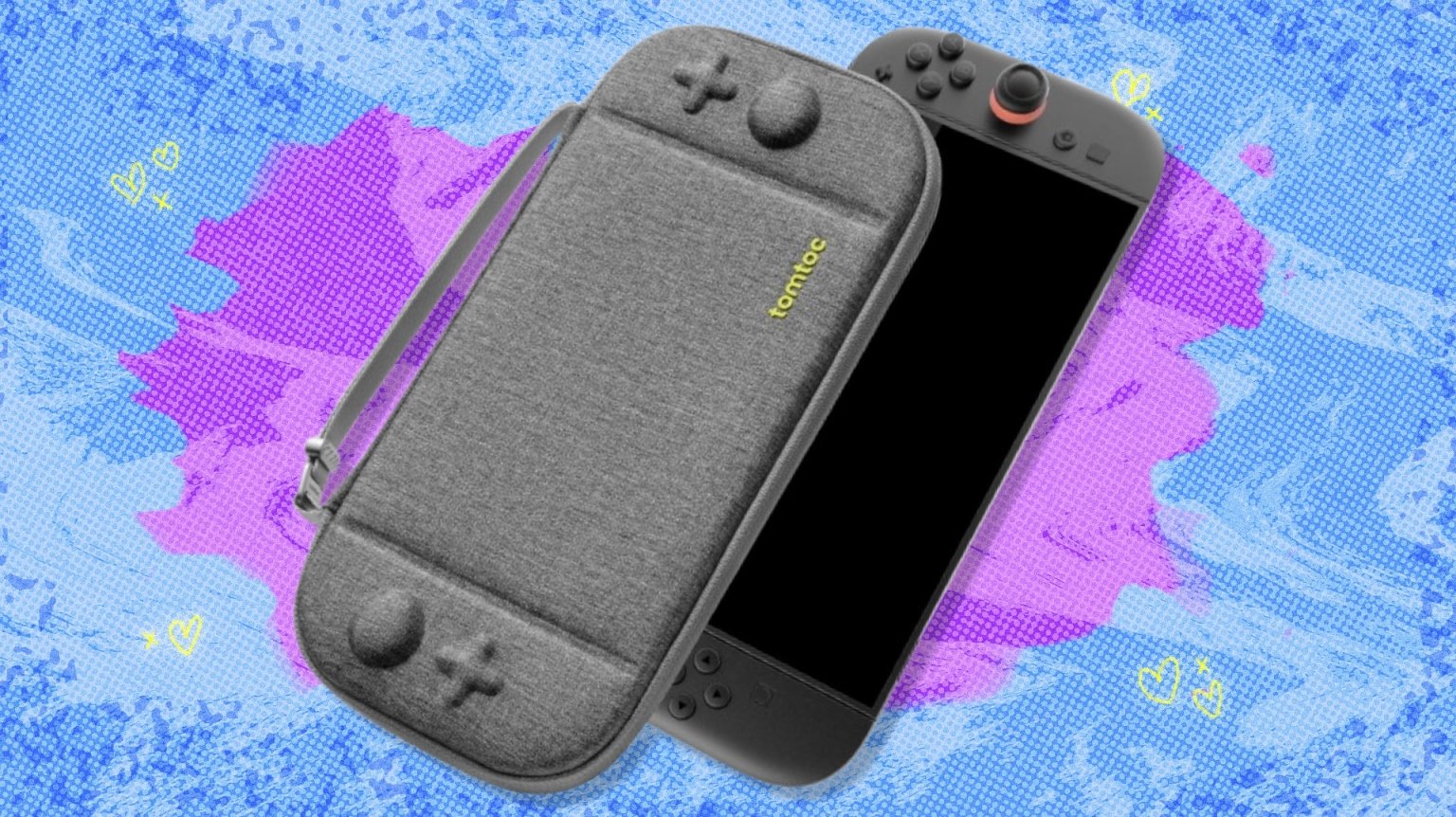The tomtoc Slim Carrying Case for Nintendo Switch 2 in gray on a blue and purple background