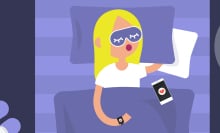 Illustration of a woman in bed with a phone and a smart watch
