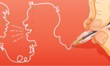 A white hand draws two people in conversation on red paper