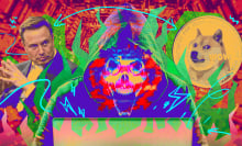 Composite image of a scammer, Elon Musk, and the doge meme dog. 