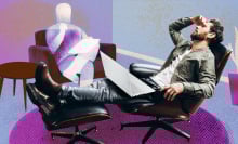 Composite photo of man sitting on chair, with outline of a therapist sitting in the background.