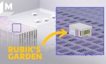 A split image shows a zoomed out render of the Opollo Farm (left) and a zoomed in version on one of the robotic cubes (right. Caption reads: Rubik's Garden