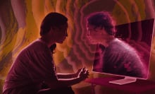 An illustrated young woman looks into a computer to see herself reflected and emerging back toward her. 