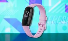 fitbit inspire 3 fitness tracker against a light blue patterned background