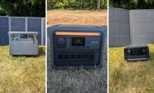 portable power stations from EcoFlow, Anker, and DJI in separate photos while they all sit in a grassy yard.