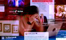 composite image of a woman with her hands in her face surrounded by tweets from trump and the white house