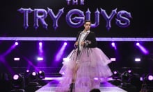 Keith Habersberger of the Try Guys in a pink dress and black jacket