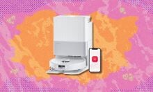 the Roborock Qrevo Edge robot vacuum and mop on a pink background