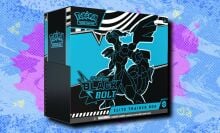 Pokémon TCG Black Bolt Elite Trainer Box on a blue and purple patterned background