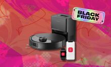 roborock q10 s5+ robot vacuum and mop against a pink and orange patterned background