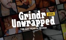 text 'grindr unwrapped, gay year in review' on top of photos of men
