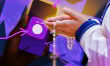 A collage of colorful images, including praying hands, a rosary, and Hallow app logo.