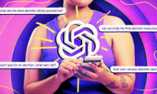 A collage featuring a person holding a phone, surrounded by large text bubbles with questions about getting an abortion.