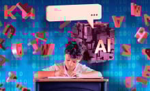 A boy sits at a desk writing on paper. Letters float behind his head. 