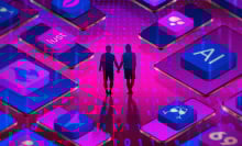 Two figures hold hands surrounded by icons denoting AI, dating apps. 