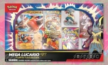 The Pokémon TCG: Mega Lucario ex Figure Collection on a green and pink background