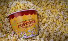 Overflowing Movie theater popcorn bucket in Wellfleet, Massachusetts, United States