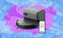 eufy c10 robot vacuum against a purple and blue patterned background