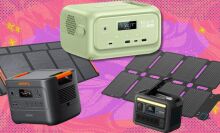 a jackery, bluetti, and anker solix portable power station all on a pink background