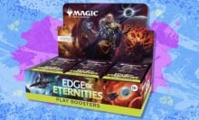 The Magic: The Gathering Edge of Eternities - Play Booster Box on a purple and blue background