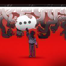 Illustration of a teen reaching up to a speech bubble surrounded by menacing hands.