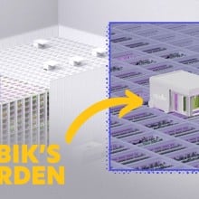 A split image shows a zoomed out render of the Opollo Farm (left) and a zoomed in version on one of the robotic cubes (right. Caption reads: Rubik's Garden