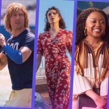 Five images from TV and movies streaming this week bordered with bright purple and blue.