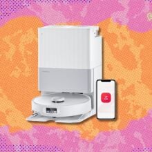the Roborock Qrevo Edge robot vacuum and mop on a pink background