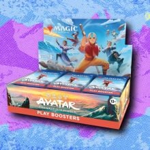 Magic: The Gathering — Avatar Play Booster Box on a blue and purple patterned background