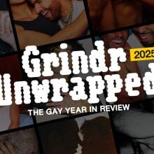 text 'grindr unwrapped, gay year in review' on top of photos of men