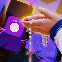 A collage of colorful images, including praying hands, a rosary, and Hallow app logo.