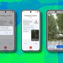 Three phone screens side by side, showing the steps of sharing live video with an emergency call. The third shows the caller's live video feed.