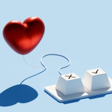 A keyboard with two keys, one marked with an "X" and the other with a check mark, is set against a blue background.