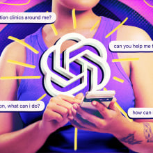 A collage featuring a person holding a phone, surrounded by large text bubbles with questions about getting an abortion.