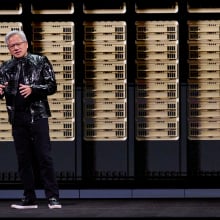 Jensen Huang, chief executive officer of Nvidia Corp., presents the Vera Rubin platform during the Nvidia Live event at CES 2026