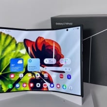 samsung galaxy z trifold with packaging box on display at ces 2026