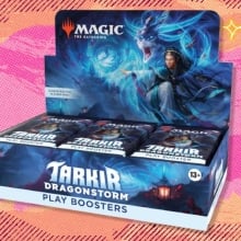 The Magic: The Gathering Tarkir: Dragonstorm - Play Booster Box on an orange and pink background