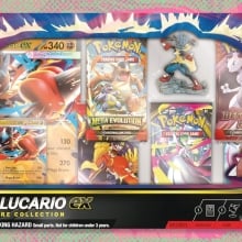 The Pokémon TCG: Mega Lucario ex Figure Collection on a green and pink background