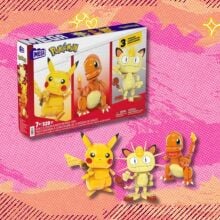 the MEGA Pokémon Building Toys Set Kanto Region Trio with its box on a pink and orange background