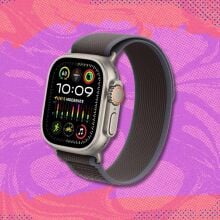 apple watch ultra 2 against a pink and purple patterned background