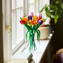 lego tulip bouquet in a vase on a windowsill