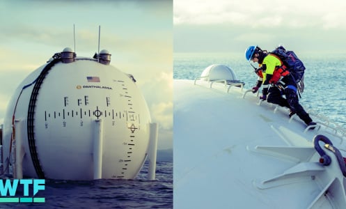 A split screen shows Ocean-2's spherical top emerging from the water surface (left), and a close-up image of an engineer working on top of the converter.
