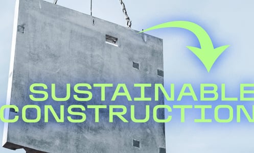 A slab of concrete hoisted in the air beside a green arrow and text reading "sustainable construction."