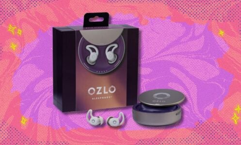 the Ozlo sleepbuds with box on a purple and pink background