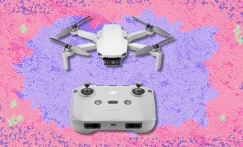 the DJI mini 4k drone on a pink and purple background