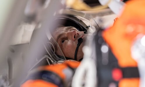Commander Reid Wiseman strapping in for an Artemis 2 crew demonstration test