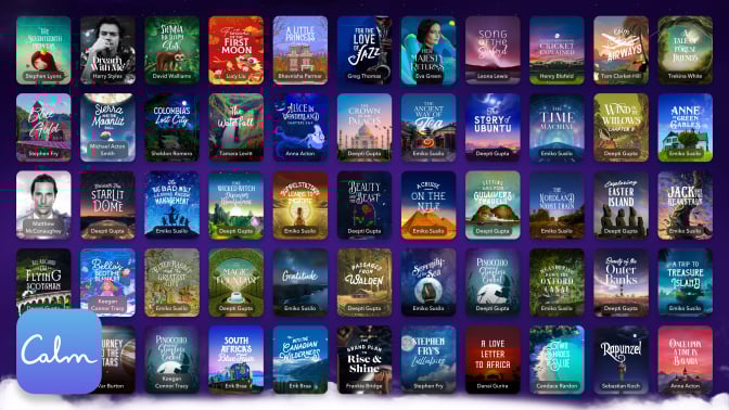 A library of Calm's sleep stories, with each thumbnail presenting a different narrator and story.