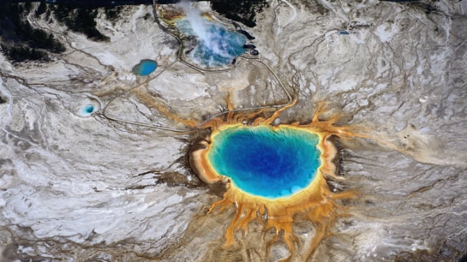 An aerial view of Grand Prismatic Spring in Yellowstone National Park.