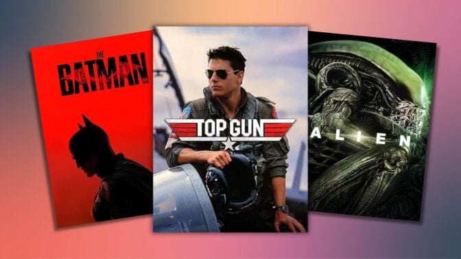 the batman, top gun, and alien posters from amazon prime video against a pink and grey gradient background
