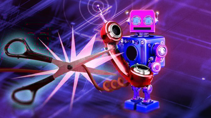 scissors cutting cord on robot making phone call